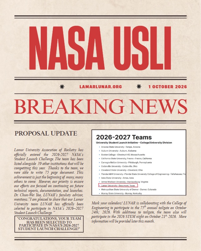 NASA USLI acceptance announcement — October 1, 2026.